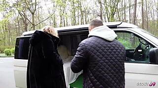 german curvy milf kathy with saggy tits deepthroats at street bus casting fuck