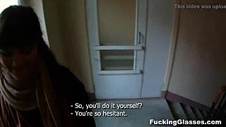 skinny shy rina teen fucks glasses guy doggystyle on stairway cumshot