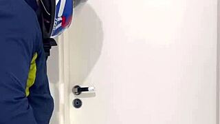 motoboy invades women's bathroom and fucks pissing woman hard till she cums on his monster cock