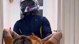 motoboy invades women's bathroom and fucks pissing woman hard till she cums on his monster cock