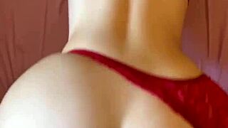 roommate bends over skinny ass in red panties asking if it looks bigger doggystyle