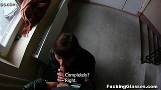 skinny shy rina teen fucks glasses guy doggystyle on stairway cumshot