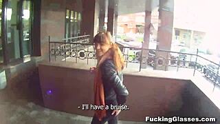 skinny shy rina teen fucks glasses guy doggystyle on stairway cumshot
