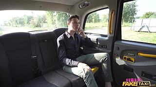 hey busty blonde cougar in white leggings hops in for a creampie ride on fake taxi