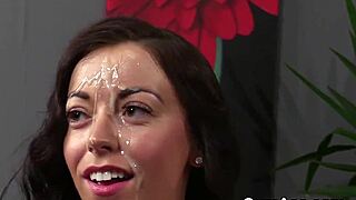 slutty stunner takes massive facial jizz shot gulping every drop down