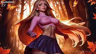 cute blonde anime girl bounces her huge tits and hard nipples in sexy outfit