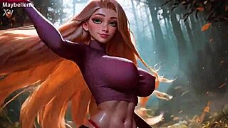 cute blonde anime girl bounces her huge tits and hard nipples in sexy outfit