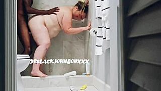 plump brunette milf rides bbc in shower then bedroom creampie finish