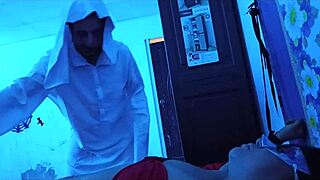 scary halloween dude in white costume gets his big cock sucked then fucks wet latina hard