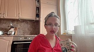 Kinky girl with glasses long nails teases huge fetish toy insertion