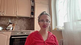 Kinky girl with glasses long nails teases huge fetish toy insertion