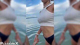 Naughty brunette biker babe rides monster cock to beach cum