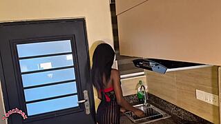 Skinny ebony bends over kitchen counter taking monster cock doggystyle assfucking pounding
