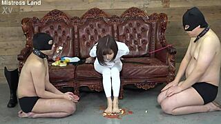 japanese mistress crushes food under feet makes slave lick every bit