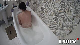 luuv vilika strips down for her real late night bathroom bath routine flashing small tits shaved pussy