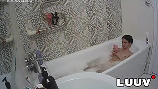 luuv vilika strips down for her real late night bathroom bath routine flashing small tits shaved pussy