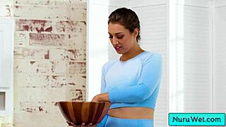 busty bella rolland pours nuru gel and rubs naked body on evan stone