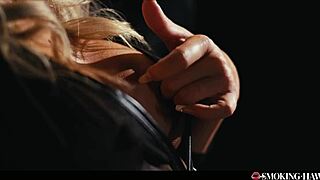 horny milf smokes cigar while masturbating huge tits and sucking cock