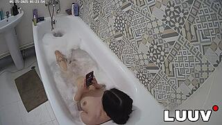 luuv vilika strips down for her real late night bathroom bath routine flashing small tits shaved pussy