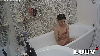luuv vilika strips down for her real late night bathroom bath routine flashing small tits shaved pussy