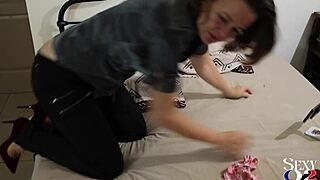 french amateur rims ass in green leather pants red satin corset doggy pov spanking blowjob frenzy