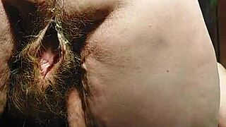Oma stuffs cucumber deep in hairy granny pussy now?