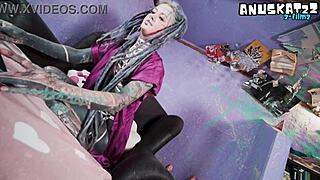 tattooed goth model strips on livestream teasing pierced nipples before anal dildo double penetration and wet vibrator orgasm