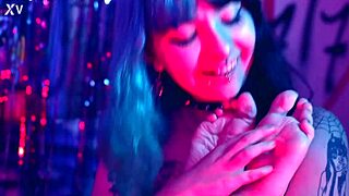 Watch her tiny bare feet get tickled into total lesbian femdom submission with choking and toe sucking