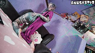 tattooed goth model strips on livestream teasing pierced nipples before anal dildo double penetration and wet vibrator orgasm