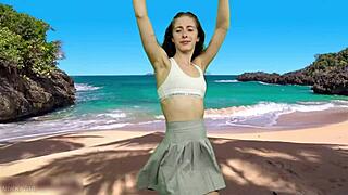 whoa she forgot panties and wind's gonna blow that skirt up!