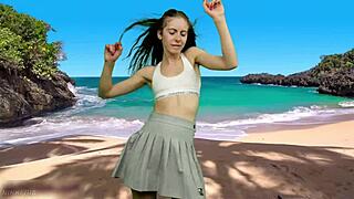 whoa she forgot panties and wind's gonna blow that skirt up!