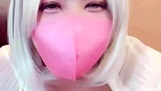 Mask beauty crossdresses as cute ladyboy anal assfucking while masturbating on webcam shemale show!