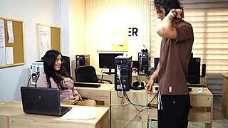 big ass brunette secretary shakes it for the boss's son at work
