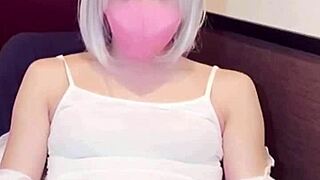 Mask beauty crossdresses as cute ladyboy anal assfucking while masturbating on webcam shemale show!