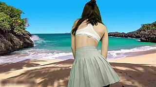 whoa she forgot panties and wind's gonna blow that skirt up!