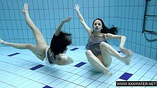 Shaved Big-Tit Brunette Teases Her Tight Pussy Underwater in Pool?