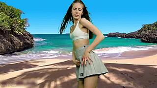 whoa she forgot panties and wind's gonna blow that skirt up!