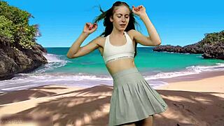 whoa she forgot panties and wind's gonna blow that skirt up!
