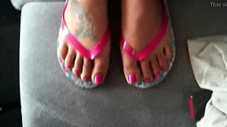 Heart pounding from Jessica's footjob handjob cumshot flip flops