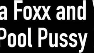 Jenna Foxx and Verronica Kireis scissor lick poolside lesbian fun