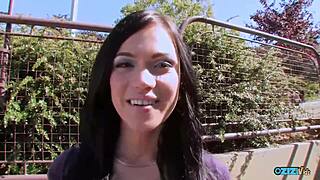 brunette strips, gets licked then bent over for hardcore doggy pounding and cumshot