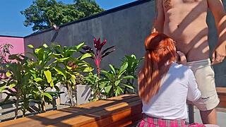 raw bareback fucking innocent redhead teen bent over garden skirt