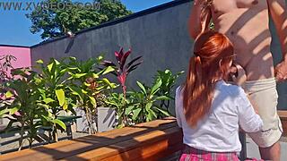 raw bareback fucking innocent redhead teen bent over garden skirt