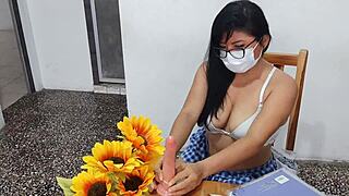 Student slut, why flash those inflated tits while dildoing in miniskirt?