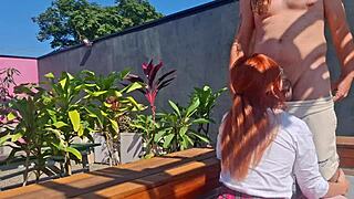 raw bareback fucking innocent redhead teen bent over garden skirt