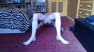 chubby guy with tiny uncut cock sweats through naked workout