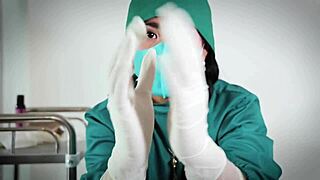 In the hospital, nurse slips on latex gloves for patient fetish play