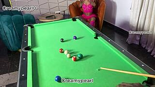 Juicy pussy teen in panties moans as she's bent over snooker table for sucking doggystyle cock pounding