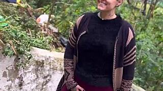 Why is this sexy street babe with pink pussy climbing the hill desperate for outdoor public wetting?