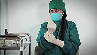 In the hospital, nurse slips on latex gloves for patient fetish play